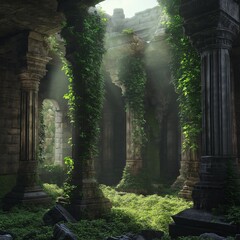 Sunlight filters through ancient ruins showcasing nature's embrace in a serene setting