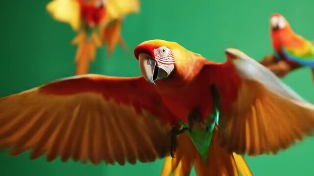 Parrots in flight against a green backdrop