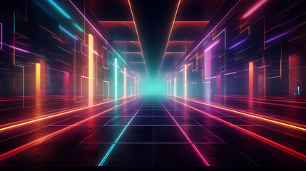 Bright blue and orange lines form an abstract tunnel leading to a glowing center point