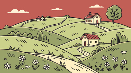 Gentle hills with lush grasslands and meadows, depicting a tranquil village landscape in vector sketch style red  background