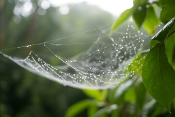 Close up of a delicate spider web drenched in morning dew amidst lush greenery