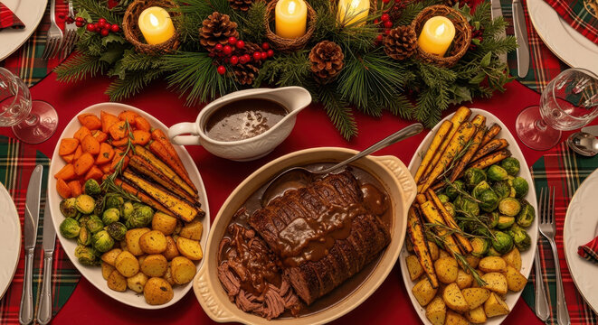 Homemade Christmas pot roast is displayed on festively decorated table, homemade Christmas pot roast is centerpiece of holiday feast. The pot roast with gravy, brussel sprouts,