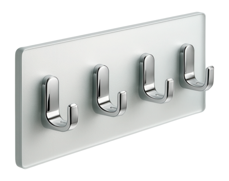 Frosted glass hook panel with chrome hooks for a stylish bathroom towel display.