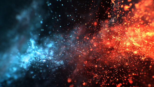 Minimalist fire background with red and blue flames on a black backdrop. Fog in red blue neon light on black background.