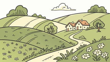 Gentle hills with lush grasslands and meadows, depicting a tranquil village landscape in vector sketch style white background