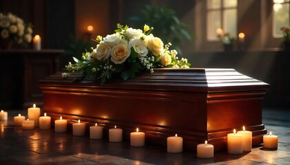 Peaceful Funeral Service Closed Casket with Flowers and Candles, Remembrance and Closure