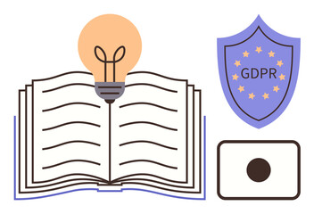 Open book with lightbulb signifying ideas, GDPR shield for data protection, and camera icon for digital security. Ideal for education, data privacy, compliance, innovation, creativity, knowledge