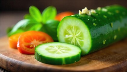 Vibrant Green Cucumber Salami Artfully Sliced, Refreshing Layers Unveiled.  Ideal for Healthy Snacks, Appetizers, or Vegetarian Charcuterie Boards. Gourmet, Clean Eating.