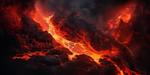 Flowing molten lava and cooled black magma. Abstract volcanic background