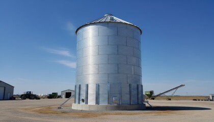 Obraz premium Medium shot of a tall metal peanut silo with shiny corrugated surfaces reflecting sunlight showcasing durable longterm storage capabilities on an industrial farm site.