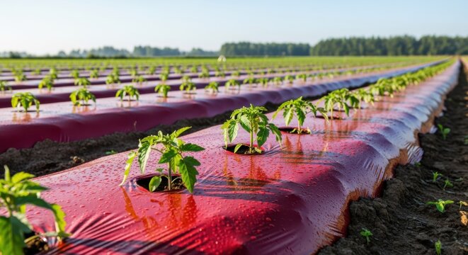 Medium shot of vibrant red plastic mulch covering rows of crops highlighting effective moisture retention and soil temperature control in plasticulture farming.