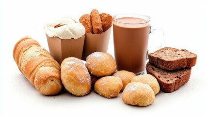 Assorted bakery items including croissant bread rolls pastries bread slices cookies and a glass of milk on a plain white background