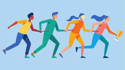 A vibrant relay race with runners of varying backgrounds passing a baton illustrating the handoff of responsibilities and the importance of teamwork in progress.