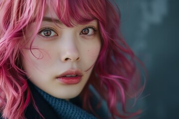 Young woman with pink hair against dark background. Neural network AI generated