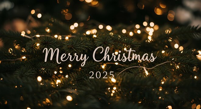 Merry Christmas 2025 background with pine branches and fairy lights in celebration of Christmas holiday. Merry Christmas holiday card