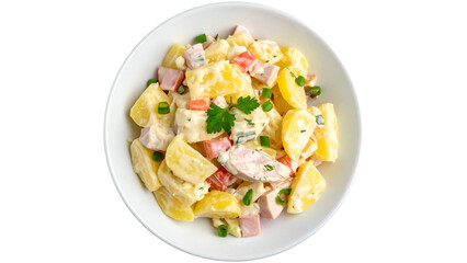 Creamy potato salad with ham, peas, and mayonnaise dressing
