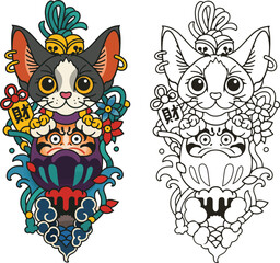 Lucky Cat with Daruma Vector EPS