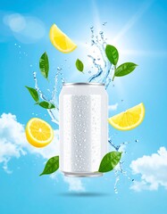 White Can Splashing Water With Lemon and Tea Leaves