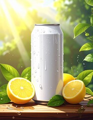 Chilled White Can With Lemon and Tea on Wooden Table