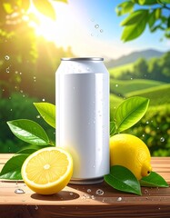 Chilled White Can With Lemon and Tea on Wooden Table