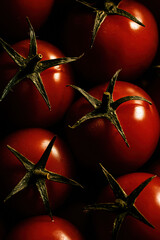fresh ripe red tomatoes with green stems on dark background showing organic healthy vegetables and natural food produce texture
