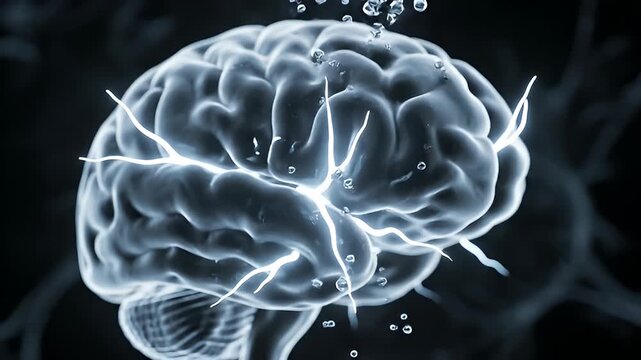 Human brain illustration with transparent render showing neural activity