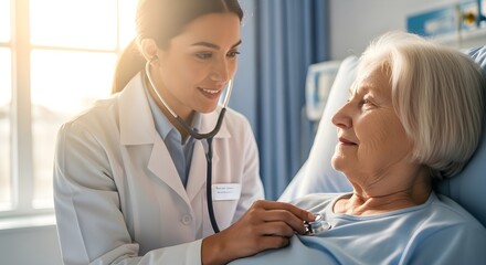 Obraz premium Close-up of Caring Doctor Using Stethoscope on Elderly Woman in Hospital Bed, Sunlit Scene of Trust and Medical Examination