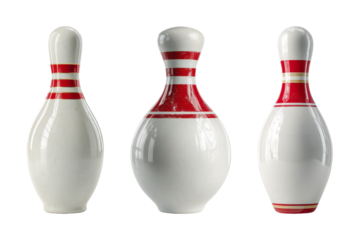 Classic bowling pins with red stripes, representing sport, competition, and leisure, available as a PNG set with transparent background