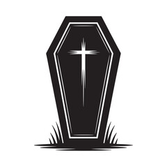 Black coffin with cross symbol on white background represents death and funeral