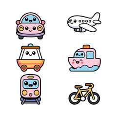 Fototapeta premium Cute transportation icons set with car bus train plane boat and bicycle cartoon illustration