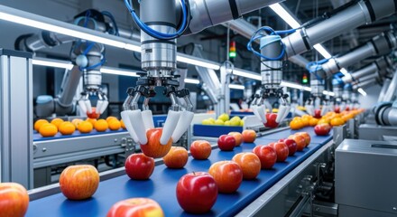 Robotic arms gently picking and placing fruits on conveyor belts during hightech quality control processing.