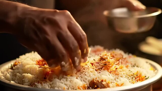Chef mixing biryani with hands.