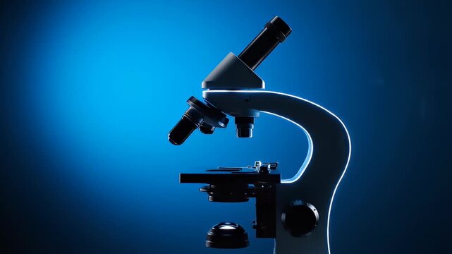 Microscope silhouette against vibrant blue background in science lab