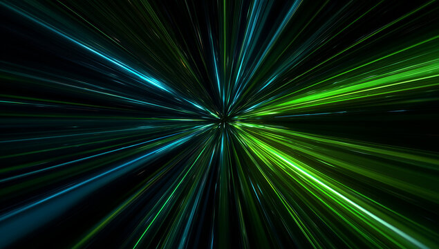Dynamic Burst of Blue and Green Light Rays in a Dark Space Creating an Energetic and Vivid Visual