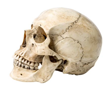 Weathered human skull with visible sutures and teeth