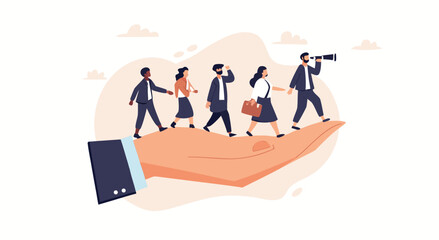 A team of professionals walking on a helping hand.

