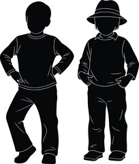 Silhouette of two boys standing confidently, one with hands on hips, wearing hats and casual clothes, black vector illustration for childhood, attitude, fashion, and personality themes