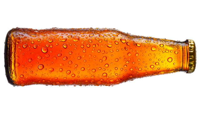 Close up of a beer bottle with water drops isolated on transparent background