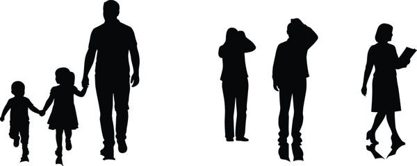 Family walking together, parents with children silhouettes, isolated vector illustration for parenting, lifestyle, and togetherness concepts, ideal for ads, banners, and editorial use