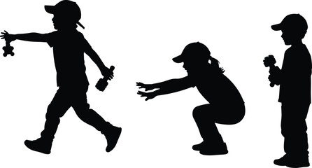 Children silhouettes playing with toys, boy walking with skateboard, girl crouching, child holding flower, vector illustration for childhood, play, family, education,