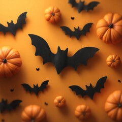 Naklejka premium Spooky halloween vibes with bats and ghosts on bright orange canvas. Hero poster. Festive halloween layout with decorations, bats, and ghosts on a bright canvas. Poster design.