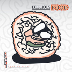 Uramaki sushi with outside of rice. sushi template in hand drawn for sushi restaurant