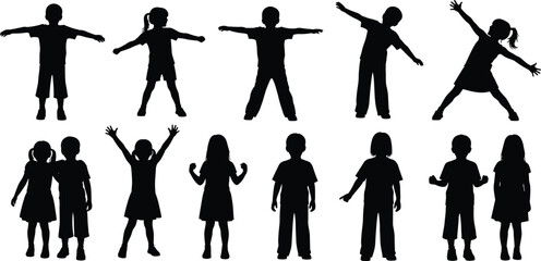 Children silhouettes in playful poses, kids stretching and jumping, vector illustration for education, activity, childhood, and family themes, perfect for ads, posters, and learning materials
