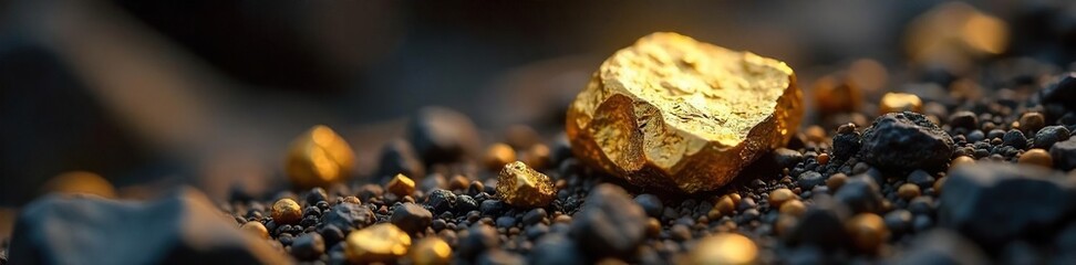Gleaming Gold Nugget on Rough Ore Symbolizing Discovery, Innovation, and the Potential for Breakthroughs in Mining and Business.