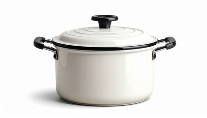 "White Cooking Pot with Black Lid and Side Handles &ndash; Glossy Metal Kitchen Cookware for Boiling, Simmering, and Stovetop Food Preparation in Home Culinary Settings on White Background"