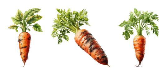 Vibrant, farm-fresh carrot with green leaves and soil texture, perfect for healthy food branding and cooking content, PNG set with transparent background