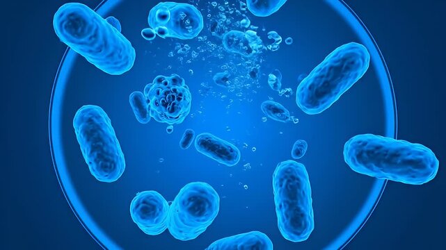 Microscopic view of bacteria and viruses in a blue environment