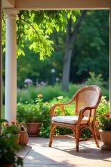 Rustic Cane Chair on Sun-Drenched Porch Overlooking Lush Summer Garden Tranquil Relaxation and Home Decor