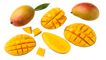 Fresh Ripe Mangoes and Slices on White Surface