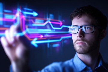 Young man interacting with digital interface, showcasing futuristic technology in a dark environment